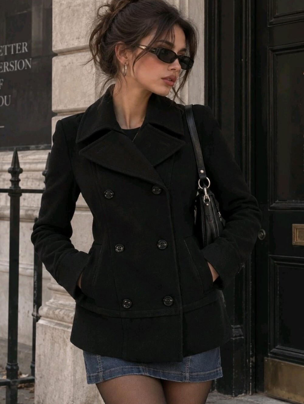 Laundry by Design Black Wool Blend Double Breasted Peacoat Jacket Size M